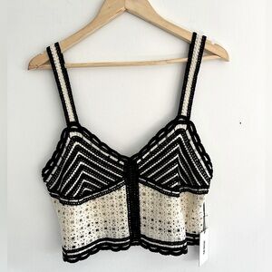 Jason Wu Crochet Top Womens 10 Crop Ivory Black Tank Scallop Edge Boho Hippie